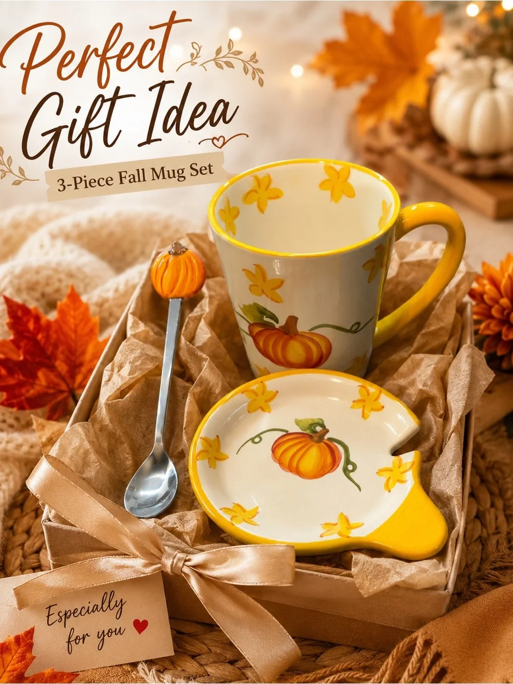 Temptations Yellow & Cream Pumpkin 3-Piece Coffee Mug Set